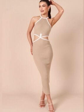 Petal & Pup Beige Halter Cutout Midi Dress with White Trim